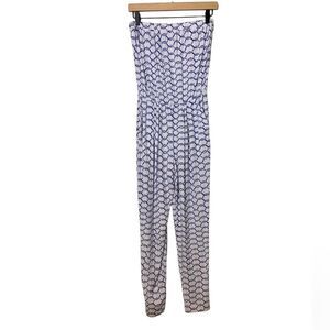 NWT Tart Strapless Jumpsuit White Blue Chain Print. Size X-Small